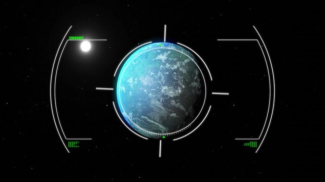 Digital rendering initiating planet scan while HUD rings rotating, bars pulsating, radar sweeping