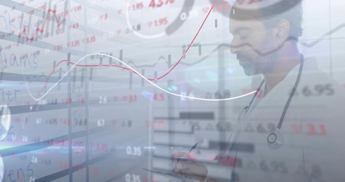 Doctor stepping in view, updating treatment data as medical graphs animating on transparent chart