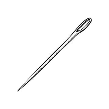 Simple black and white line drawing of a sewing needle with an eye