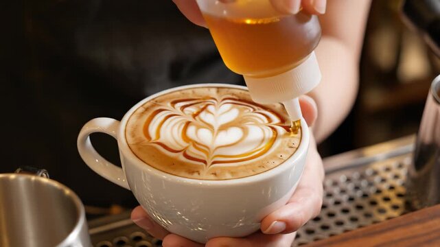 Coffee latte art being drizzled with syrup for commercial backgrounds, digital design, and advertising