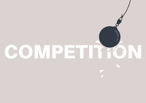 A powerful wrecking ball swings dramatically toward the word 'competition,' representing an energetic clash of ideas, The backdrop exudes a lively atmosphere that sparks creativity.