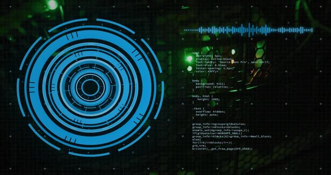 Opening blue circular HUD starting code scroll, audio waveform pulsing showing real-time monitoring