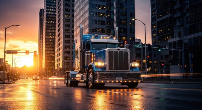 A blue and white Peterbilt semi-truck driving down a city street at sunset, with tall buildings in the background.