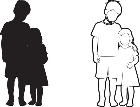 Contrast between unknown figures and familiar family illustration in silhouette and line art