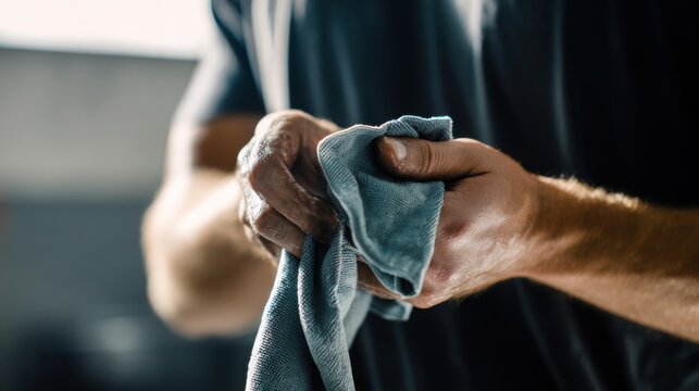 mechanic wiping hands with cloth after repair, tired realistic moment, soft natural light, shallow depth of field, minimal composition, space