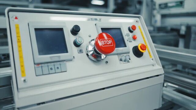 Stop button on a machine in the factory.