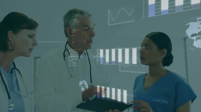 Senior doctor pointing at tablet and nurse tapping screen, medical team reviewing animated charts