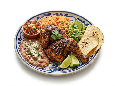 Mexican grilled chicken plate, soft shadow, isolated on white background, high detail, commercial use

