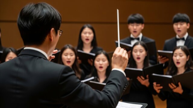 Music - Asian Choir Students Singing While Conductor Leads Performance with Baton in Concert Hall