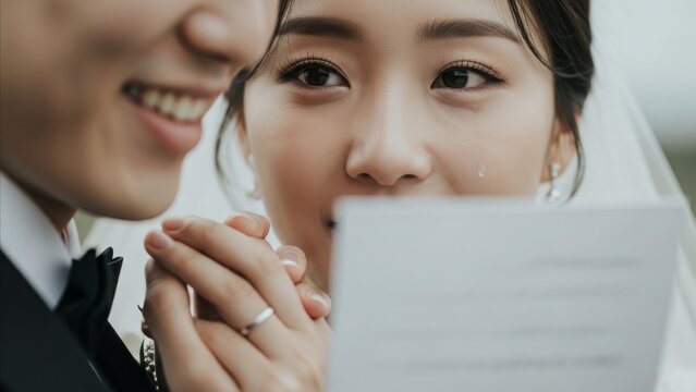 Wedding - Asian Bride Reading Vows with Tears While Groom Holds Hands Smiling During Ceremony