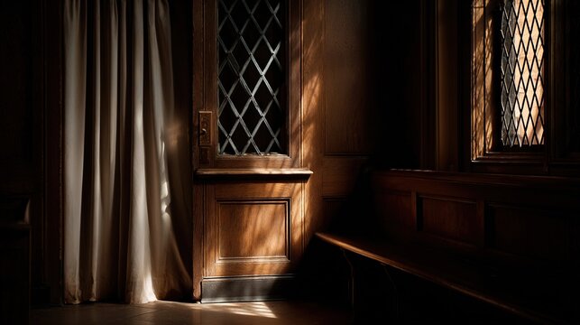 confessional. An empty church confessional with a slightly ajar curtain and a beam of light on the lattice. event programs, museum guides, designed for cultural heritage projects and event programs.