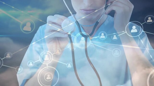 Male clinician raising stethoscope and holding phone, probing cloud network nodes for telemed exam