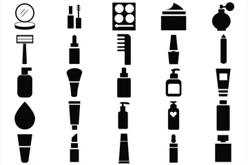 Naklejka premium Beauty and make up icons,Cosmetics icons set illustration,cosmetics silhouette icons featuring makeup and skincare essentials — noise-free, minimal, and perfect for commercial use. 