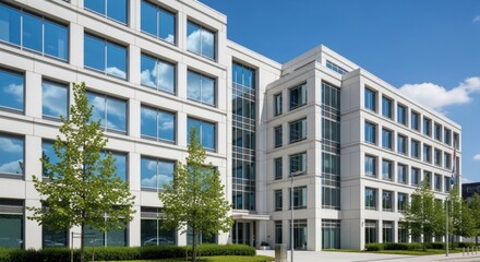Fototapeta premium Two modern office buildings with glass windows and a blue sky in the background.
