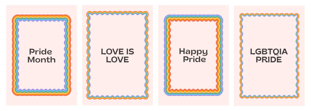 LGBTQ pride month poster set with groovy rainbow wavy frames. Retro aesthetic vertical banners with Love is Love and Happy Pride slogans for social media or events. Vector illustration.