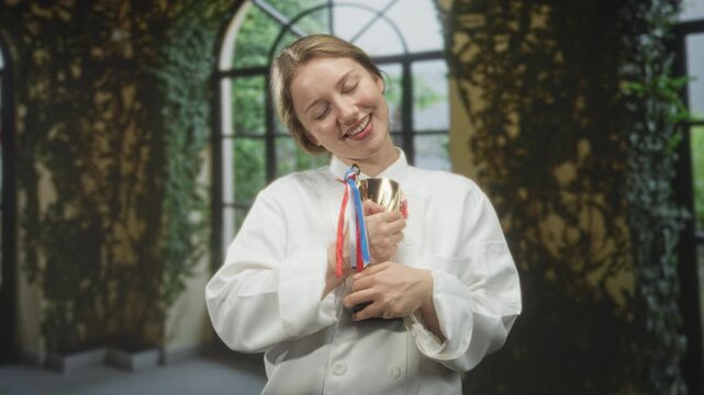 Woman chef hugs trophy to chest, smiling with closed eyes and hands on cup in a building; achievement pride.