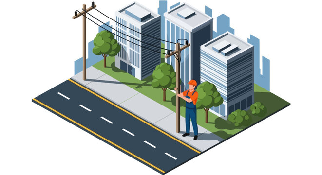 Isometric illustration of a construction worker directing traffic on a city street with modern buildings and trees.