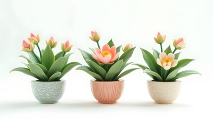 Obraz premium Colorful Artificial Flower Pots with Delicate Tulips on White Background for Home Decoration