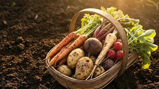 Farmer collecting fresh organic vegetable in wicker basket on soil. Harvested carrot, potato and radish in field. Natural agriculture product for healthy food preparation during autumn harvest season