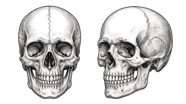 Detailed front and side view illustrations of a human skull, showcasing its anatomical features with intricate shading and linework.