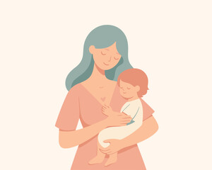 Obraz premium Illustration of a mother holding her baby in her arms with a heart symbol on her chest, representing love, care, and motherhood