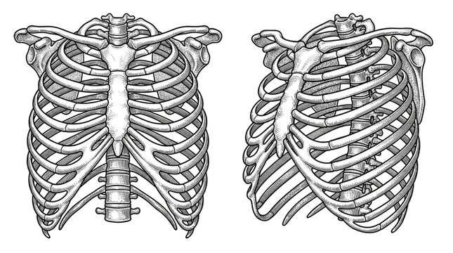 Anatomical illustration of the human rib cage, showing anterior and lateral views of the sternum, ribs, and thoracic vertebrae.