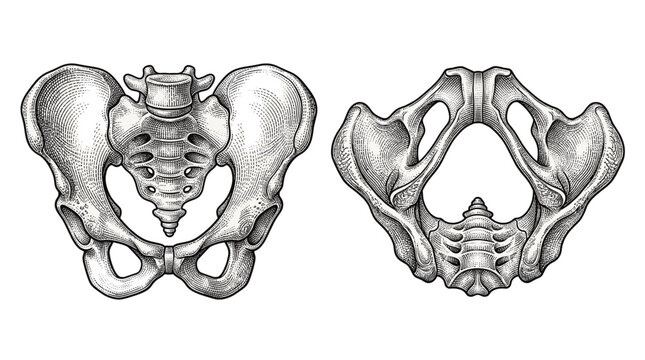 Anatomical illustration comparing the male and female pelvis, highlighting skeletal differences.