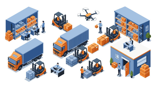 Isometric illustration of a warehouse with workers operating forklifts and trucks