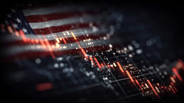 Technical recession. Financial slowdown. Market pressure. Business impact. Global contraction. American flag with overlaid digital stock market graph in red and white