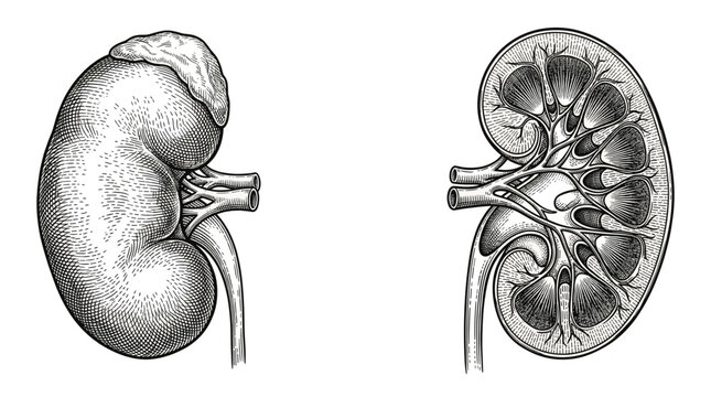 Anatomical illustration of a human kidney, showing the external structure and a detailed cross-section revealing its internal components and vascular network.