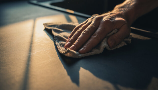 Hand Cleaning Kitchen Counter with Microfiber Cloth in Warm Sunlight