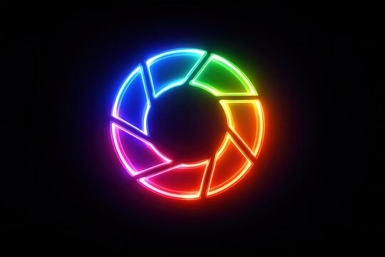 Neon circular shutter icon with rainbow glow abstract aperture symbol on dark background design
