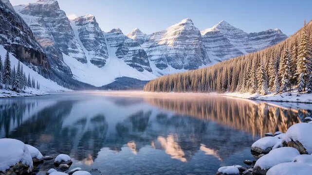 Snowy mountain lake with clear reflection in winter landscape serene nature scene with calm water