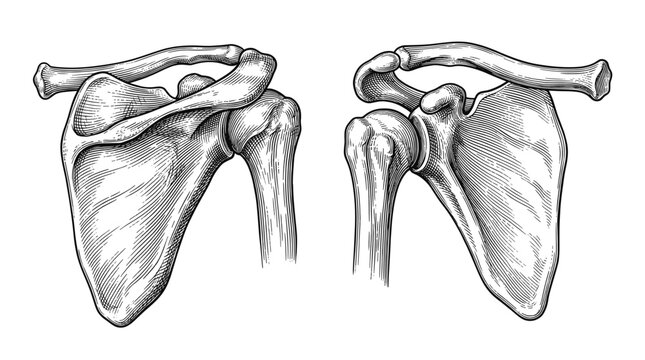 Anatomical illustration of the human shoulder joint, showcasing the scapula, clavicle, and humerus from anterior and posterior views.