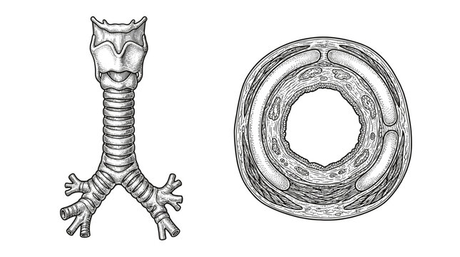 Anatomical illustration of the human trachea and bronchi, showing a frontal view and a cross-section.