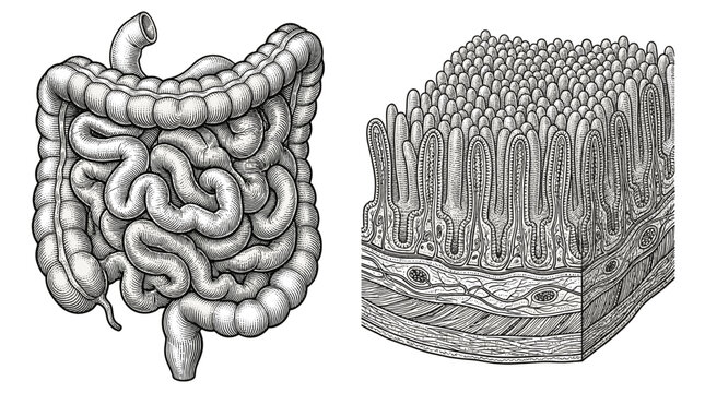 Anatomical illustration of the human digestive system, showcasing the intestines and a magnified view of the villi lining the small intestine.