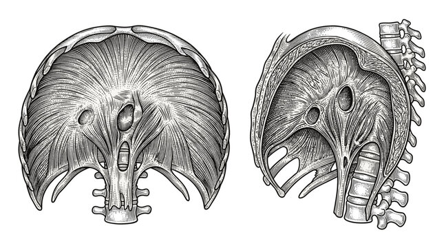 Anatomical illustration of the human diaphragm, showing its muscular structure and central tendon from anterior and lateral views.