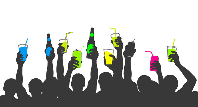 People holding up colorful drinks.