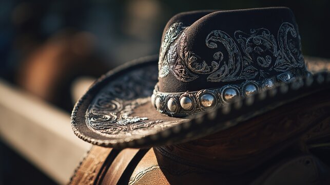 charro. An ornate Mexican charro hat resting on a leather saddle. event programs, museum guides, cultural reports, designed for cultural heritage projects and event programs, used by professors.