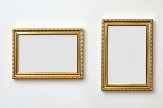 Gold decorative picture frames on white wall