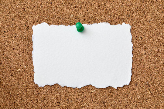 Blank piece of torn paper attached to cork board with push pin