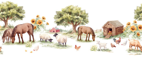 Watercolor Farm Animals Seamless Border Pattern Horizontal Countryside Scene Nursery Farmhouse Design © Zenina-Lembrik