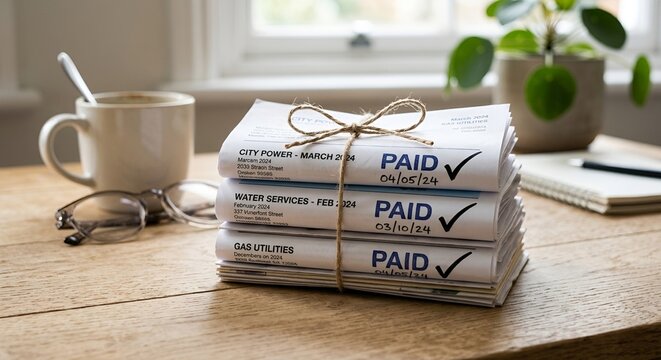 Stack of paid utility bills tied with twine on a wooden desk.
