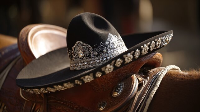 charro. An ornate Mexican charro hat resting on a leather saddle. event programs, museum guides, cultural reports, designed for cultural heritage projects and event programs, used by professors.