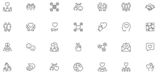 Obraz premium Friendship web icons in line style. Interaction, friend, relationship, mutual assistance, social responsibility, buddy, love, collection. Editable stroke. Vector illustration.