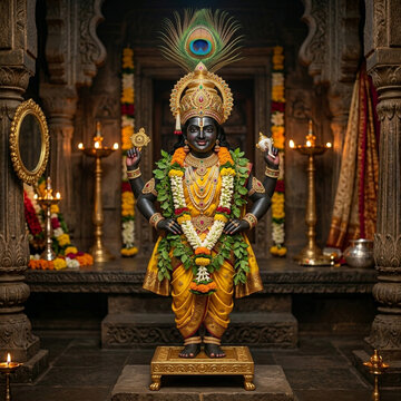 Four-Armed Idol of Lord Vitthal Holding Conch and Sudarshana Chakra in Temple