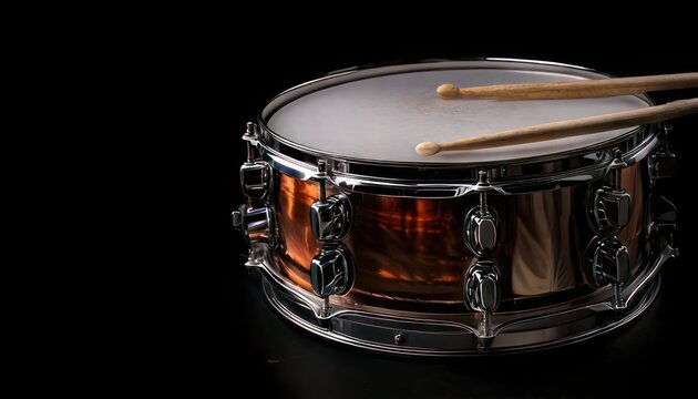 Close-up of a snare drum with drumsticks on black background.