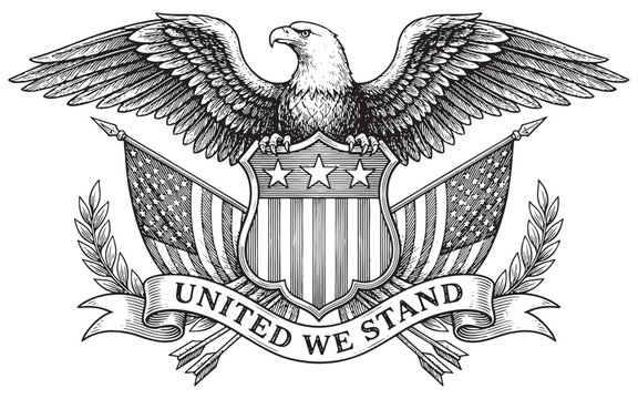 Patriotic American Eagle with Shield Flags and United We Stand Banner