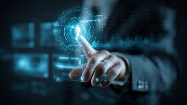 A businessman's finger presses a digital button on a futuristic touchscreen interface to symbolize global network communication and social connection in a virtual business concept