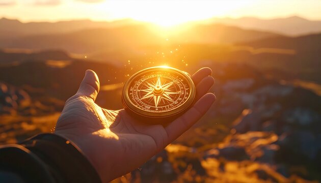 Compass in hand against a stunning sunset backdrop, adventure awaits.